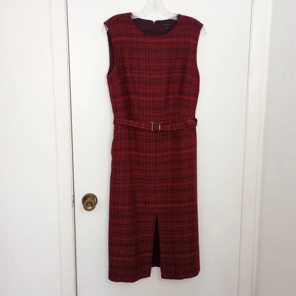 Ann Taylor Belted Tweed Career Sheath Dress In Plum Rose - Picture 2 of 10